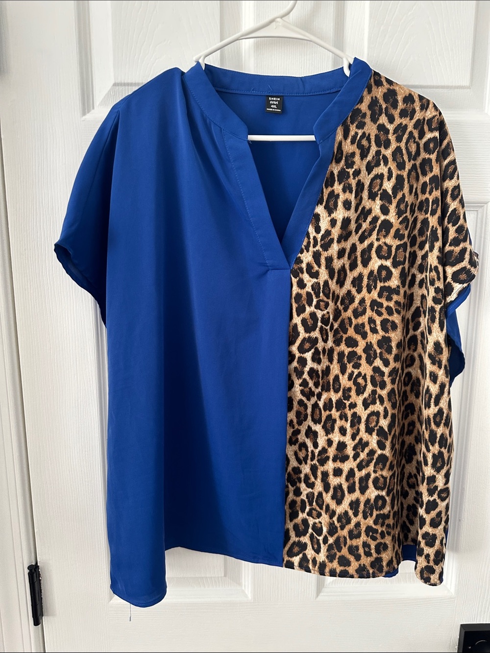 Leopard-Panel V-Neck Women’s Top - Royal Blue worn once